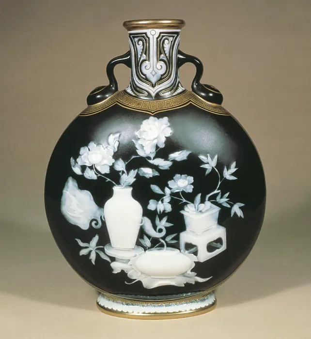 Framed Print : Flask with pate-sur-pate (paste on paste) decoration, ceramic, Minton manufacture, Stoke-on-Trent, Staffordshire, England, 19th century Framed Print : Flask with pate-sur-pate (paste on paste) decoration, ceramic, Minton manufacture, Stoke-on-Trent, Staffordshire, England, 19th century