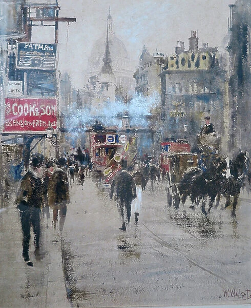 Fleet Street and Ludgate Hill Viaduct with smoke from a passing train, c1910 (watercolour)
