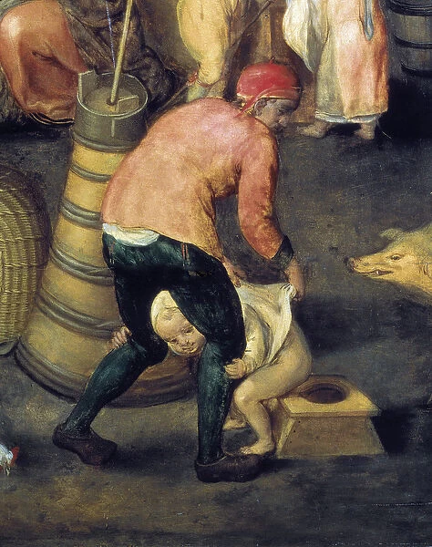 'Flemish house interior'A man holds a little boy on the pot