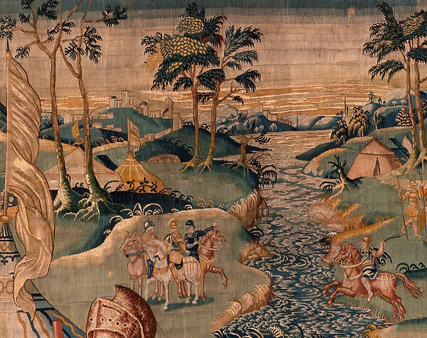 Flemish tapestry. Military camp near the river Granikos (Het legerkamp bij de rivier Granikos). Atelier of Oudenaarde. 377x393cm. Inv 83104-9  /  00011. 17th century