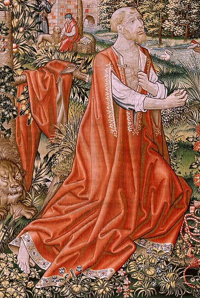 Flemish tapestry. Penitent St. Jerome, or St. Jerome in the Desert (San Jeronimo penitente, o San Jeronimo en el desierto). Models Cartoon attributed to the circle of Hans Memling (ca. 1433-1493) or Gerard David (ca. 1450-1523)