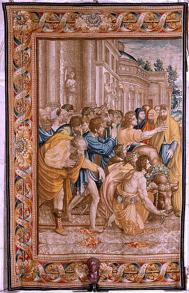 Flemish tapestry. Series The Acts of the Apostles. Saint Paul and Saint Barnabas in Lystra (San Pablo y San Bernabe en Lystra). 8th cloth in the series, it was split in two to adapt it to the room. Model Cartoon by Rafael Sanzio. 1519