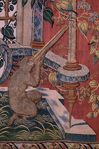 Flemish tapestry. Series grotesques with apes: Apes shooting with an arquebus. Cartoonist Hans Vredeman de Vries (?). Atelier Seger Bombeck, Brussels. 1542-1560. Detail