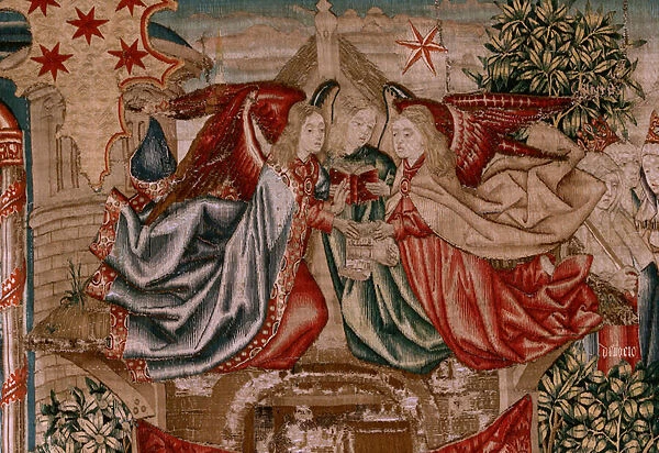 Flemish tapestry. Series Human Redemption or Vices and Virtues. Christ the Saviour as a Child (Cristo Salvador como Nino). Fifth tapestry in the series (second of those kept in Palencia). Brussels manufacture, workshop. Ca 1510
