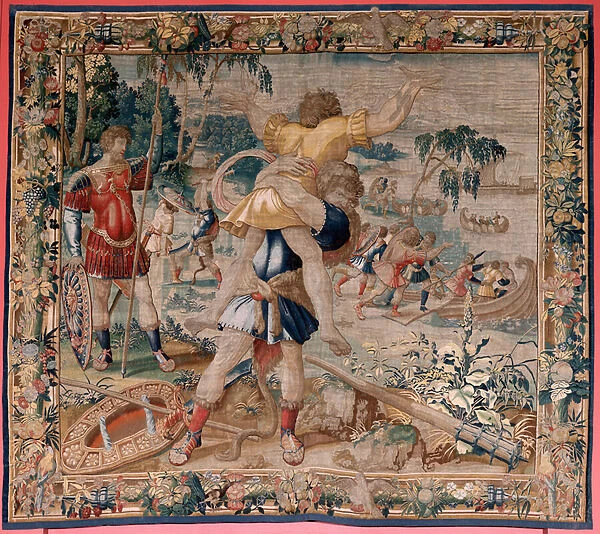 Flemish tapestry. Series The Labours of Hercules. Hercules and Antaeus (Hercules y Anteo). Fourth tapestry in the extant series. ; Model Unknown. Manufacture Willem Dermoyen, Brussels. Ca 1528. Fabric Silk and wool. Size 362 x 403 cm