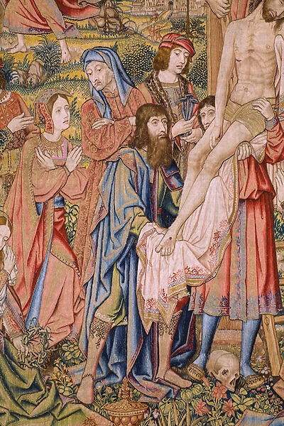 Flemish tapestry. Series The passion of Christ: Descent from the cross (Kruisafneming, Descendimiento de la cruz). Manufacture Pieter van Aelst. Cartoonist Jan van Roome. Ca 1507-1520. Detail
