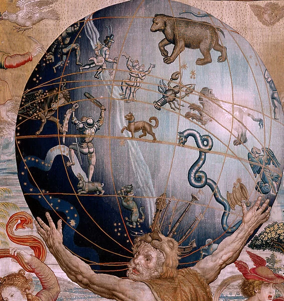 Flemish tapestry. Series The Spheres. Hercules supporting the celestrial sphere (Hercules sostiene la esfera celeste). First tapestry in the series. Model Barend van Orley or Pieter Coecke van Aelst. 1525-1530