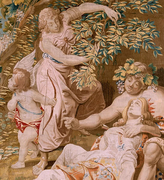 Flemish tapestry. Series Story of Theseus. Theseus abandons Ariadne on the island of Naxos (Teseo abandona a Ariadna en la Isla de Naxos). Eighth tapestry in the series. Model Anthonis Sallaert. Manufacture Jan Raes the Younger, Brussels. Ca 1630