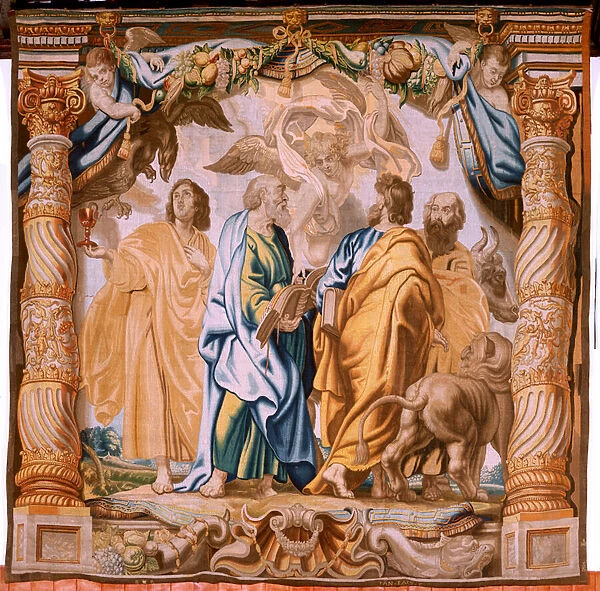 Flemish tapestry. Series The Triumph of the Eucharist. The four evangelists (Los cuatro evangelistas). Eleventh tapestry in the series. Model Peter Paul Rubens. 1626-1628. Manufacture Jan II Raes, Hans Vervoert, Jacques Fobert, Brussels, 1627-1632
