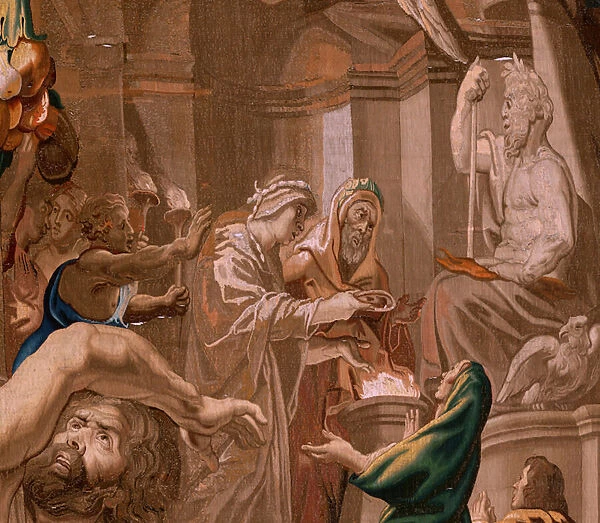 Flemish tapestry. Series The Triumph of the Eucharist. Victory of the Eucharist over pagan sacrifices (Victoria de la Eucaristia sobre los sacrificios paganos). Fourth tapestry in the series. Model Peter Paul Rubens. 1626-1628