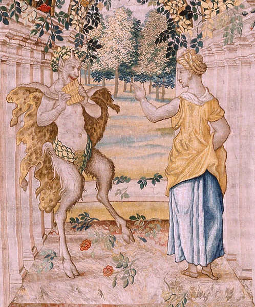 Flemish tapestry. Series Vertumnus and Pomona. Vertumnus transformed into a farmer. Central part of the lower border we see an episode about the loves of Jupiter: Danae. Second tapestry in the series. Model Circle of Pieter Coecke van Aelst