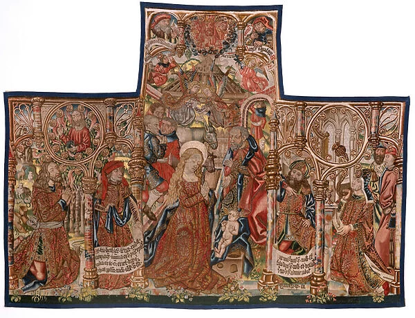 Flemish tapestry. Triptych of the Birth of Christ (Triptico del Nacimiento de Jesus). Models from Cartoonist of the circle of Rogier van der Weyden. Manufacture Southern Netherlands. Ca 1492. Fabric Gold, silver, silk and wool