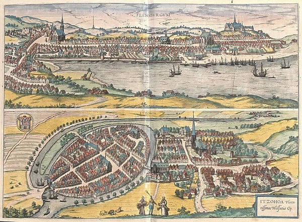 Flensburg and Itzehoe, Germany (engraving, 1572-1617)