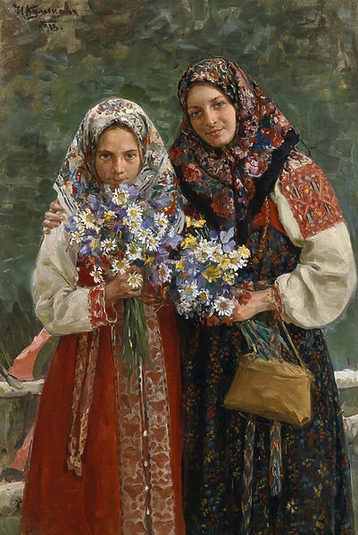 Fleurs des champs. (Meadow Flowers). Une mere et sa fille, elegantes dans leurs robes folkloriques avec un foulard colore qui leur couvre les cheveux, tiennent a la main un bouquet de fleurs des champs