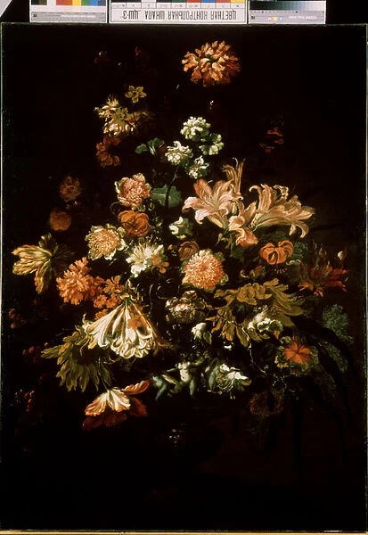 Fleurs (Flowers). Nature morte d un bouquet de fleurs. Peinture de Jan van Huysum (1682-1749), 18eme siecle. Art hollandais. Huile sur toile. Musee national de Toula, Russie
