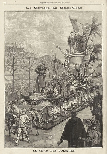 Float of the Colonies in the Boeuf Gras carnival procession, Paris, France (engraving)