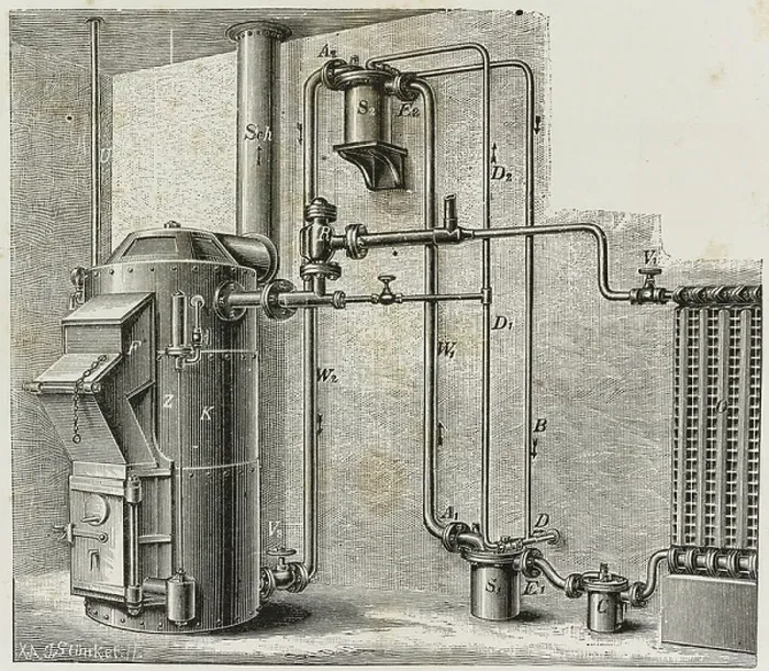 Framed Print : Float pump in low pressure heating system, illustration from L'Industria, Rivista tecnica ed economica illustrata, Milan, 1888