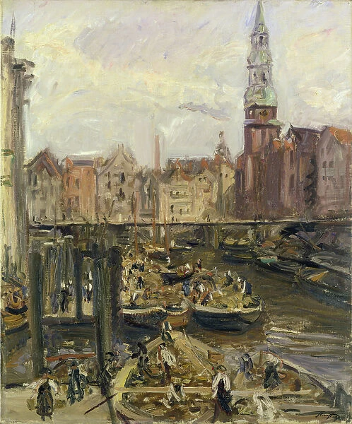 Floating Market on a canal in Hamburg, 1905 (oil on canvas)