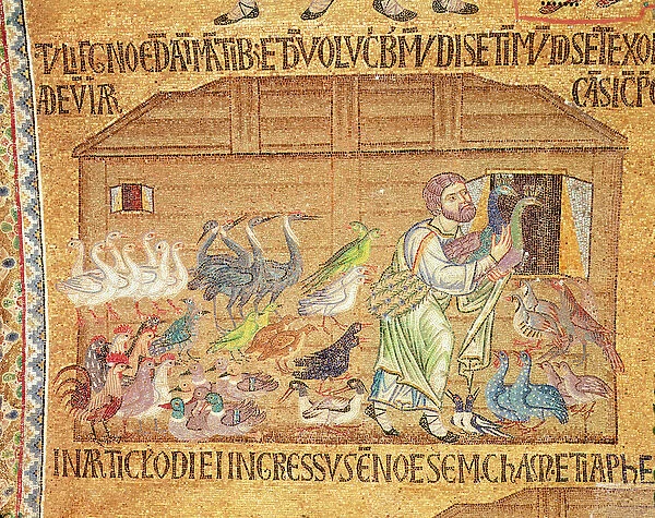 The Flood, from the Atrium, detail of Noah putting birds on the ark (mosaic)