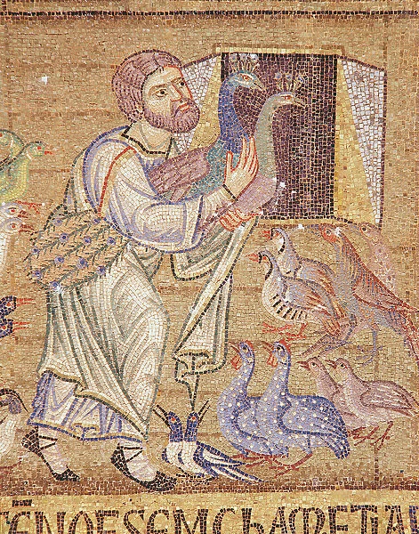 The Flood, from the Atrium, detail of Noah putting peacocks on the ark (mosaic)