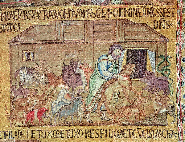 The Flood, from the Atrium, detail of Noah putting wild animals on the ark (mosaic)