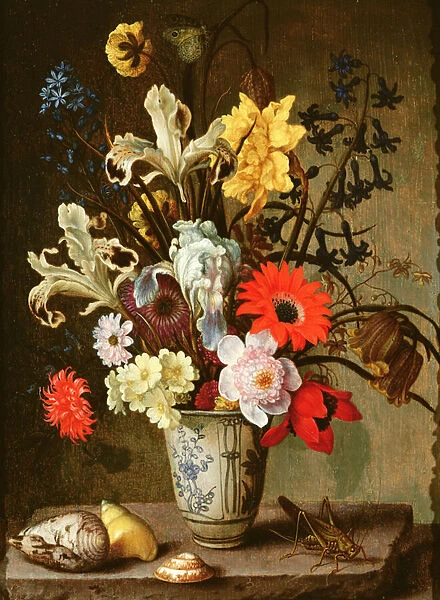 Floral Study with beaker, grasshopper and seashells (oil on panel)