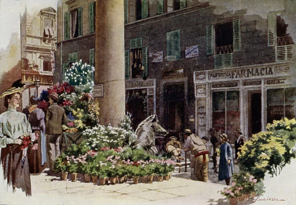 The Flower Market, Florence (colour litho)