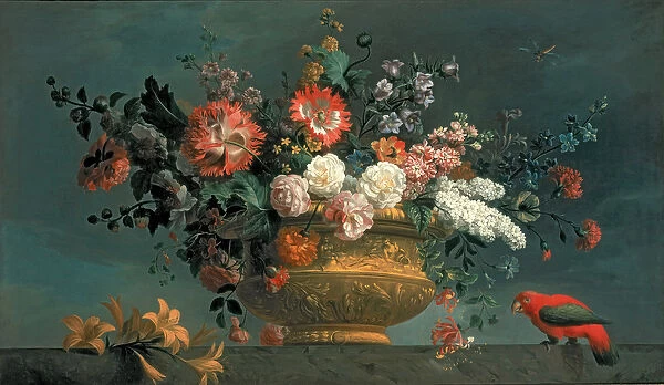 Flower piece with parrot