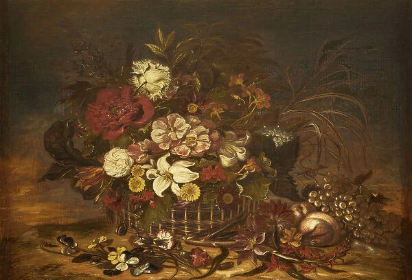 Flowers in a Basket with Fruit (oil on canvas)