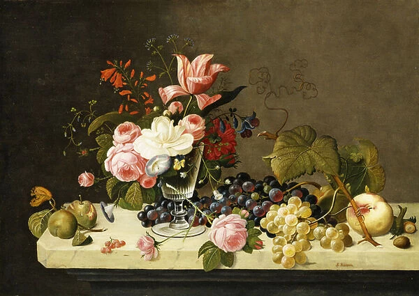 Flowers and Fruit, (oil on canvas)