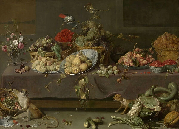 Flowers and fruit (oil on canvas)