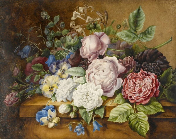 Flowers on a Ledge, 1814 (w  /  c & bodycolour on paper)