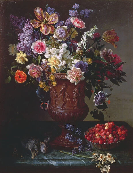Flowers in a Sculpted Urn with a Bowl of Wild Strawberries and Hare on a Ledge, 1715