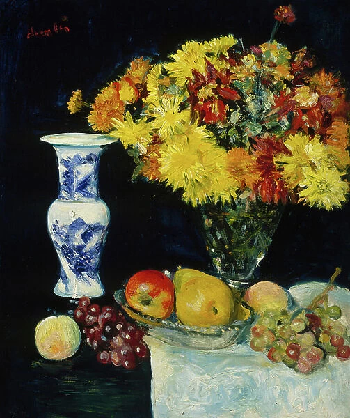 Flowers in a Vase and Fruit, c. 1897-1931 (oil on canvas)