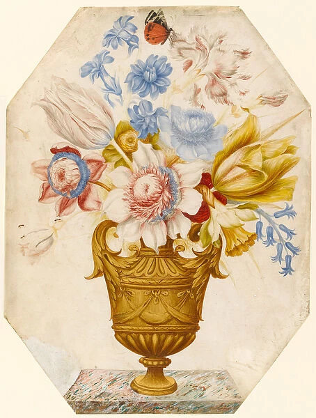 Flowers in a vase which stands on a marble ledge with a butterfly resting on the flower