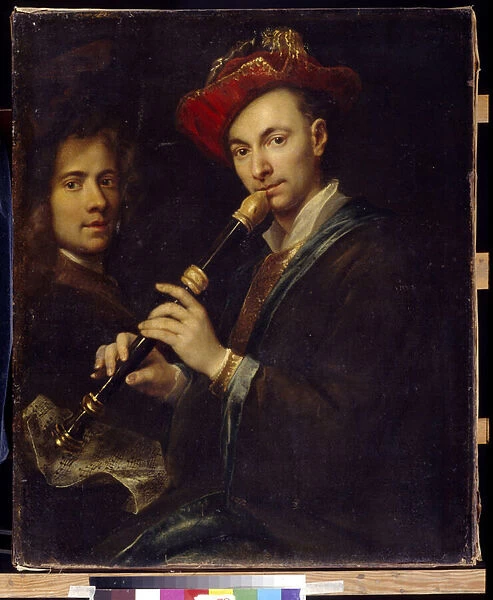 Flutiste (Flautist). Portraits d un musicien et d un comedien. Peinture de Jan ou Johann Kupetzki (Kupecky, Kupezky, Kupetzky, Kupecki, Kopecki, 1666 ou 1667-1740), huile sur toile. Art tcheque, 18e siecle, art baroque. State A