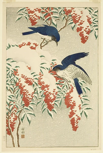 Flycatchers on Snow-covered Nandina (colour woodblock print)