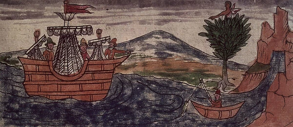Fol. 197v An Indian spy observes the arrival of a Spanish ship on the Mexican coast