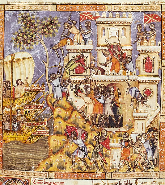 Fol. 30r The Landing of the Greeks, the Siege of Tenedos Castle and the Death of the Defenders, from the Codex Benito Santa Mora (vellum)