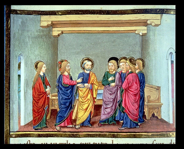 Fol. 97v Christ advises the disciples about the selling of the ointment (vellum)