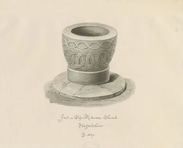 Font in Pipe Ridware Church: sepia drawing, 1839 (drawing)