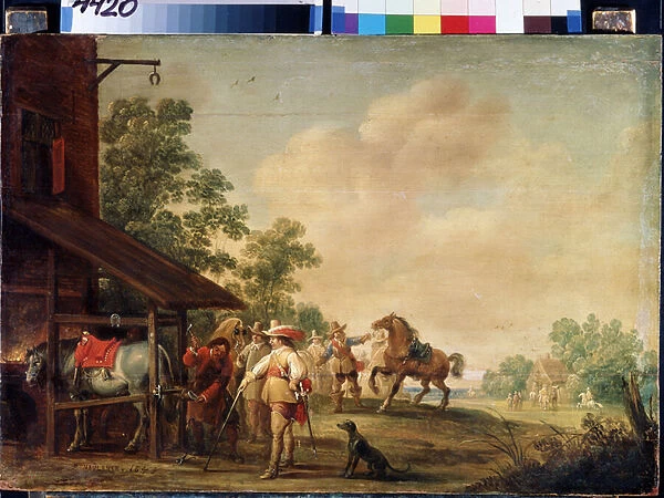 Forge (A Forge). Un marechal ferrand (marechal-ferrand) mettant un fer a cheval. Peinture de Pieter Meulenaer (Peter ou Pierre, 1602-1654), 1648. Huile sur bois. Art flamand. Musee de l Ermitage, Saint Petersbourg