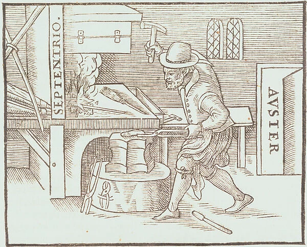 Forging a magnet, from William Gilberts De Magnete, 1600 (woodcut)