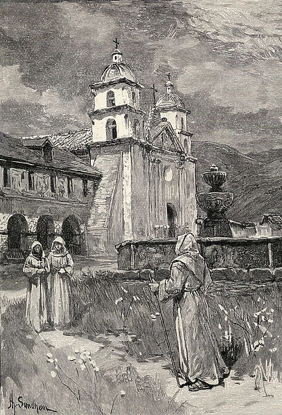 Fountain and mission, Santa Barbara, California, from The Century Illustrated