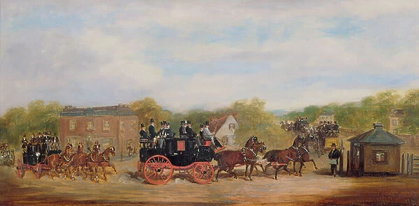 A Four-in-Hand Race at the Five Bells Tavern, New Cross (oil on canvas)