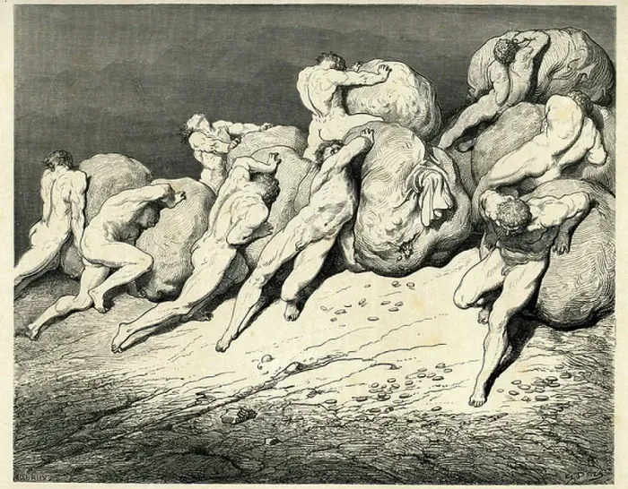 Framed Print : In the fourth circle of Hell, under which Pluto (Hades) presides, the Avares and the Prodigans carry and roll heavy burdens (rocks), colliding with anger. Engraving from The Hell by Dante Alighieri (the Divine Comedie) illustrated by Gustave Dore