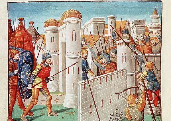 Fourth Crusade (1202-1204): battle scene under the ramparts of Constantinople. Miniature from ' Ogier the Danish ' by Antoine Verard (15th century) 1492