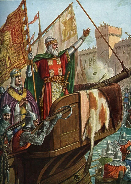 Fourth Crusade (1202-1204): Venice Doge Enrico Dandolo and the Venetian fleet approaching Constantinople during the siege of the city in July 1203 (Fourth Crusade)