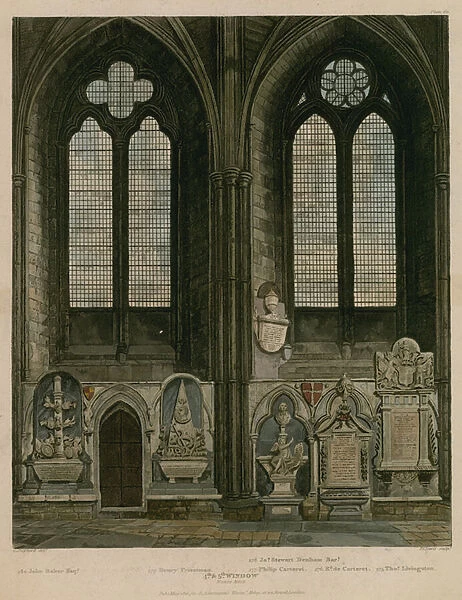 Fourth and fifth window, North Aisle, Westminster Abbey, London (coloured engraving)
