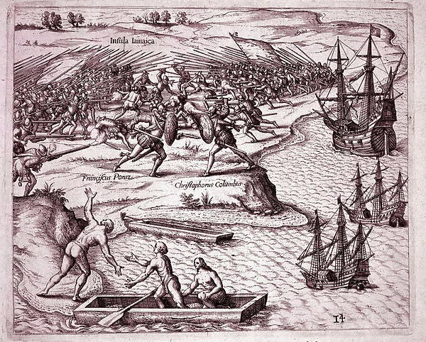 Fourth voyage of Christopher Columbus on the island of Jamaica in 1503 (Engraving, 1595)